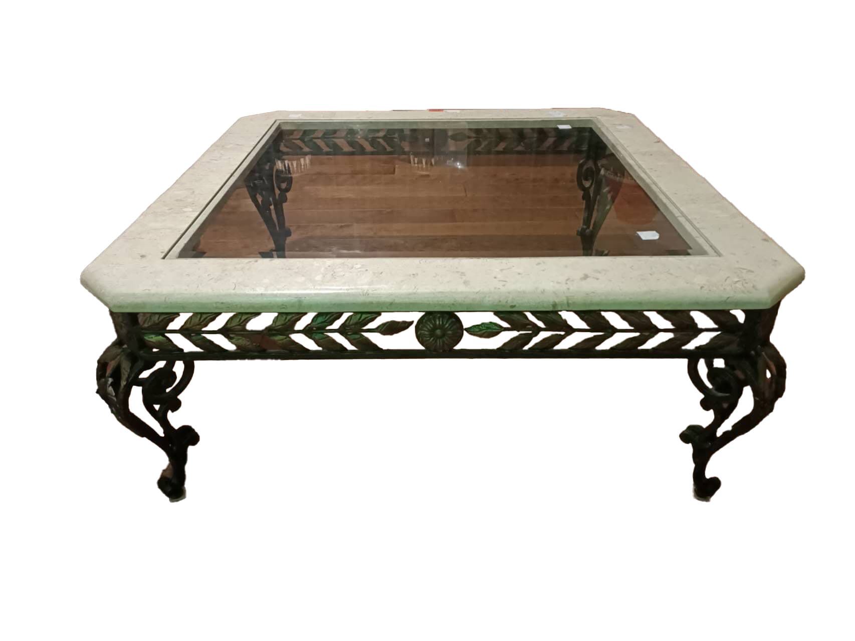 Italian marble wrought iron hand made base with glass top coffee table