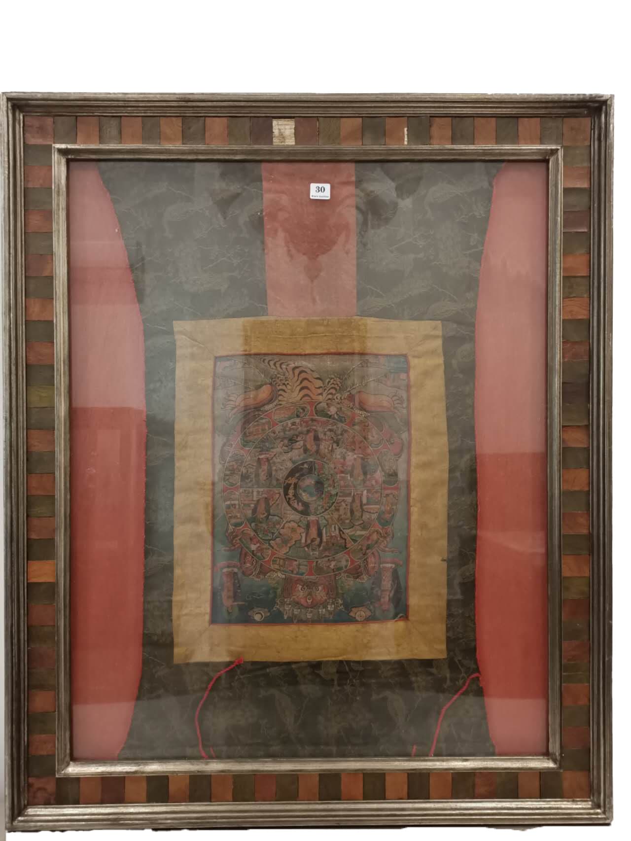 A rare framed 18th Century Tibetan Hand Painted Tanker on Silk