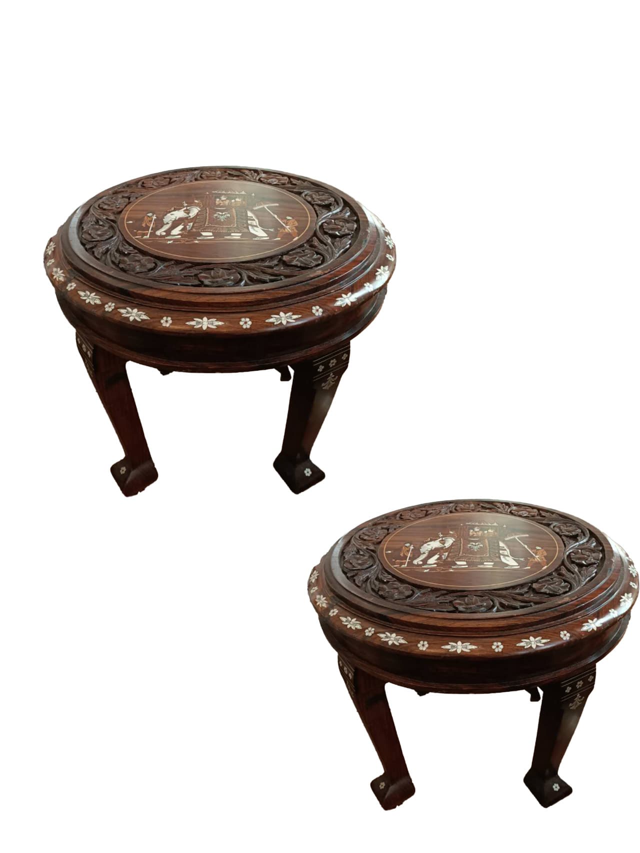 A pair of rosewood, ivory inlaid hand carved coffee/tea table