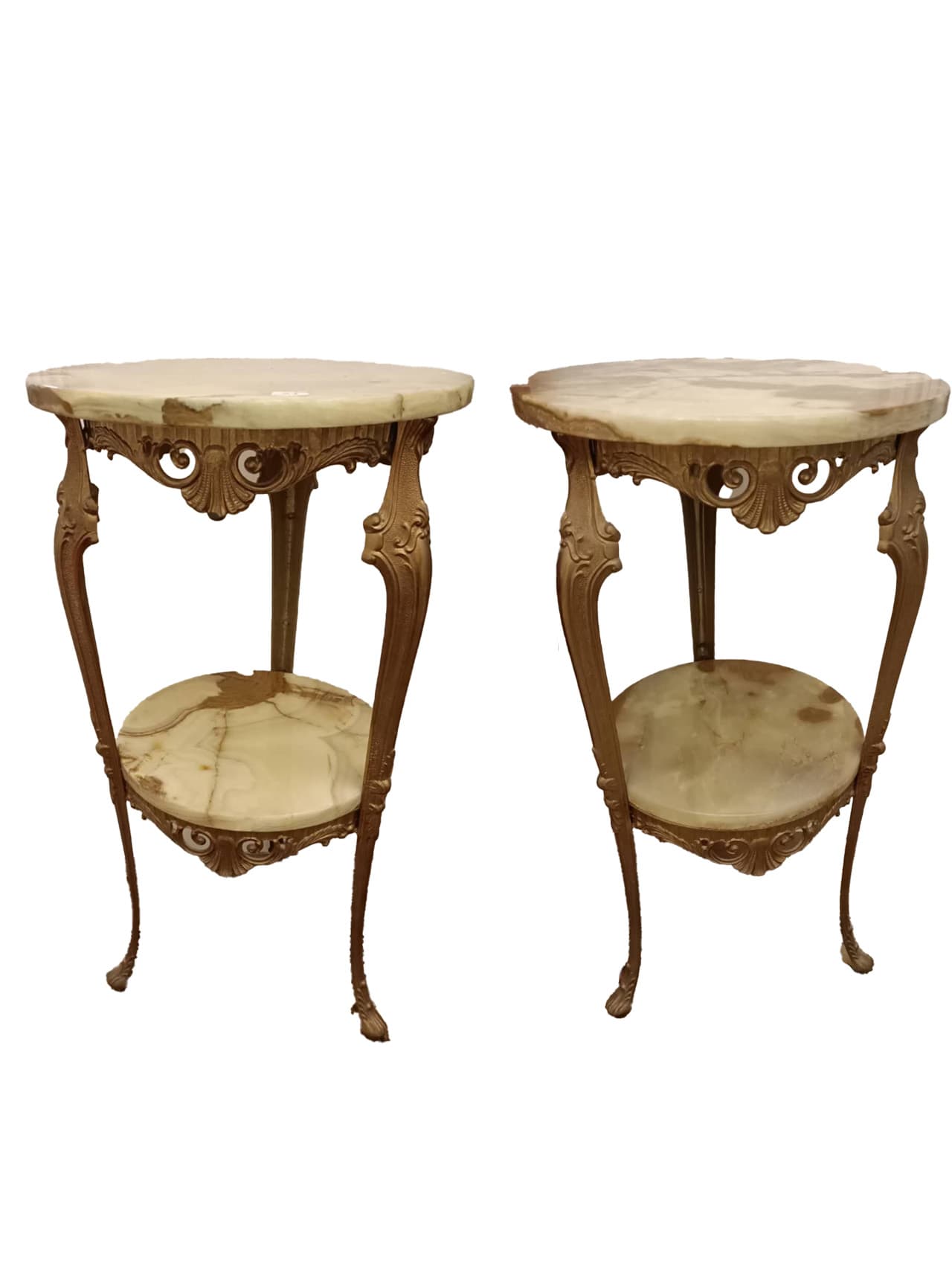 A pair of French Style two tier onyx top and brass base side table